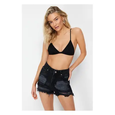 Trendyol Black Denim Ripped Detail Denim 100% Cotton Beach Shorts