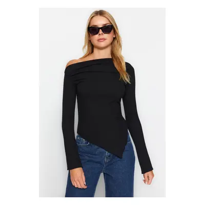 Trendyol Black Draped Boat Neck Asymmetric Flexible Long Sleeve Knitted Blouse