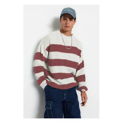 Trendyol Dusty Rose Casual Oversize Fit Wide Mold Crew Neck Striped Knitwear Sweater