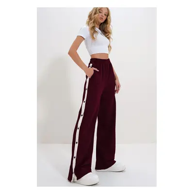 Trend Alaçatı Stili Women's Burgundy Double Pocket Elastic Side Stripe Wide Leg Pants