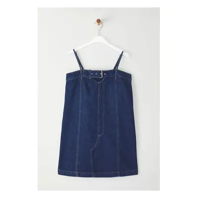 Trendyol Limited Edition Dark Blue Cut-Out Detailed Metal Buckle Thin Strap Mini Denim Dress