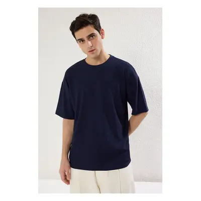 Trendyol Navy Blue Premium Oversize Crew Neck Short Sleeve Textured Ottoman T-Shirt