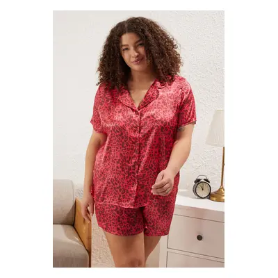 Trendyol Curve Fuchsia Leopard Patterned Shirt Collar Satin Woven Pajama Set