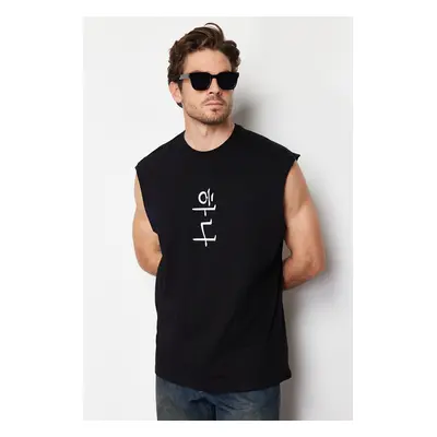 Trendyol Black Oversize/Wide Cut Far East Text Printed 100% Cotton T-Shirt/Undershirt