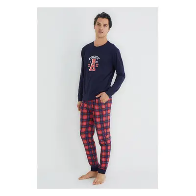 Trendyol Navy Blue Regular Fit Plaid Knitted Pajamas Set