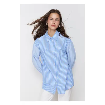 Trendyol Blue Stone Detailed Cotton Woven Striped Shirt