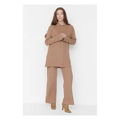 Trendyol Camel Slit Detailed Cardigan-Pants Knitwear Suit