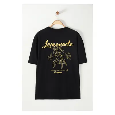 Trendyol Black Oversize/Wide Cut Back Lemon Printed 100% Cotton T-Shirt