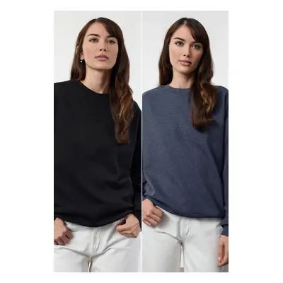 Trendyol Black-Indigo Oversize/Wide Pattern Crew Neck Thick Polar Fleece Knitted Sweatshirt