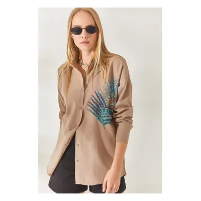 Olalook Mink Palm Sequin Detailed Oversize Woven Poplin Shirt