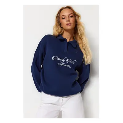 Trendyol Navy Blue Shirt Collar Embroidered Regular Fit Fleece Inside Knitted Sweatshirt