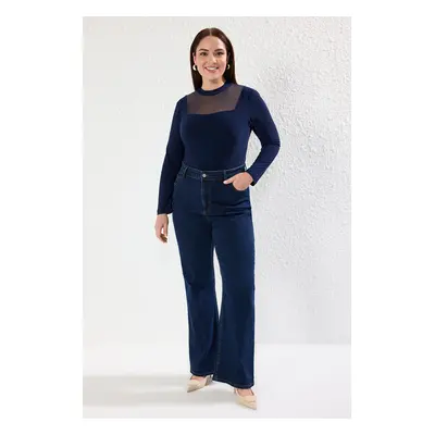 Trendyol Curve Navy Blue Fitted/Fits on the Body Tulle Detail Long Sleeve Stand Collar Elastic S