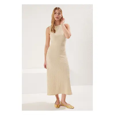 Trendyol Beige Plain Backless Maxi Textured Fitted Stretch Knit Dress