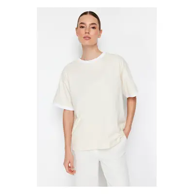 Trendyol Stone 100% Cotton Contrast Collar and Stripe Detail Oversize/Casual Fit Knitted T-Shirt