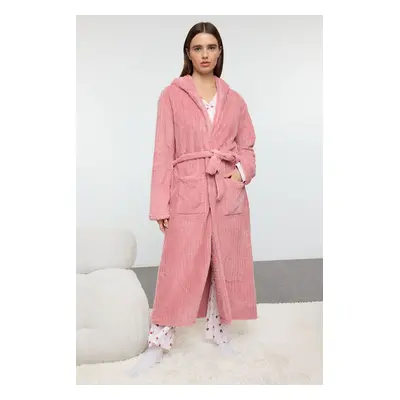 Trendyol Pink Belted Striped Winter Wellsoft Knitted Dressing Gown