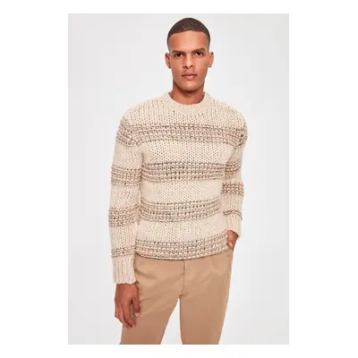 Trendyol Beige Regular Crew Neck Striped Knitwear Sweater