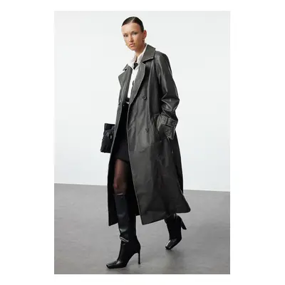 Trendyol Black Faux Leather Belted Regular Long Trench Coat