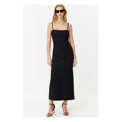 Trendyol Black Striped Strappy Bodycone/Body-hugging Knitted Maxi Pencil Dress