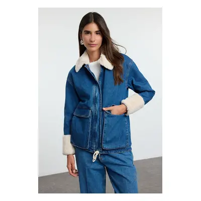 Trendyol Blue Furry Plush Denim Jacket