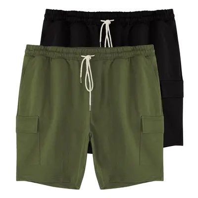 Trendyol Plus Size Black-Khaki Pack Regular Cut Cargo Pocket Drawstring Shorts