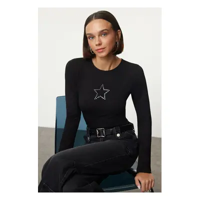 Trendyol Black Star Stone Printed Fitted/Body-Smoothing Knitted Blouse