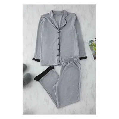 Trendyol Curve Grey Melange Shirt Collar Flounce Detailed Knitted Pajama Set