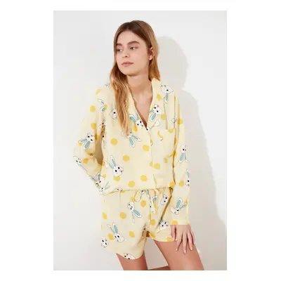 Trendyol Yellow Rabbit Patterned Viscose Shorts Woven Pajama Set