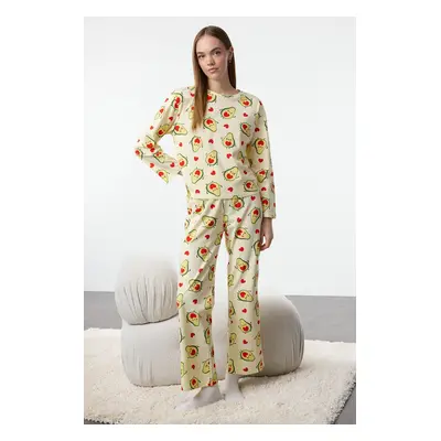 Trendyol Green-Multicolored 100% Cotton Avocado and Heart Knitted Pajama Set