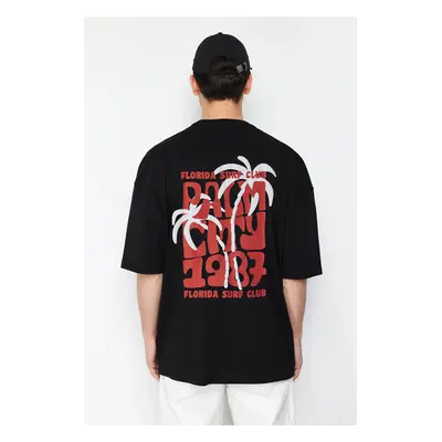 Trendyol Black Oversize/Wide Cut Crew Neck Puffy Back Printed T-Shirt