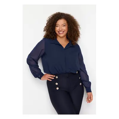 Trendyol Curve Navy Blue Long Sleeve Buttoned Chiffon Woven Plus Size Shirt