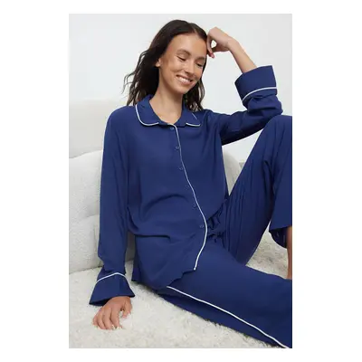 Trendyol Navy Blue Piping Detailed Viscose Woven Pajama Set