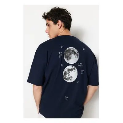 Trendyol Navy Blue Oversize/Wide Cut Space Printed Label Detail 100% Cotton T-Shirt