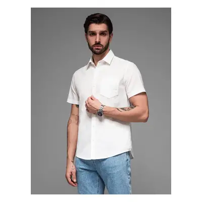 Ombre Men's short-sleeved linen-cotton shirt with pocket - broken white