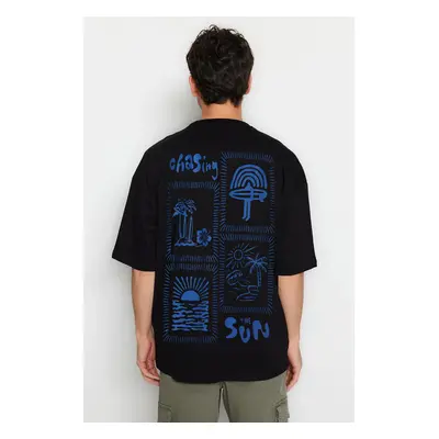 Trendyol Black Oversize/Wide Cut Printed 100% Cotton T-Shirt