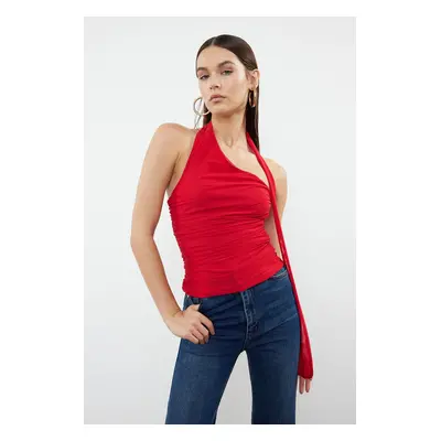 Trendyol Red Halter Neck Gathered Lined Stretchy Knitted Blouse