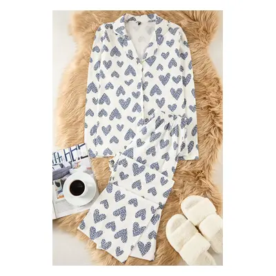 Trendyol Ecru 100% Cotton Leopard Heart Knitted Pajamas Set