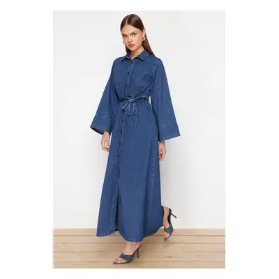 Trendyol Dark Blue Belted Maxi Modest Denim Shirt Dress