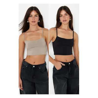 Trendyol Black-Mink Pack Polyamide Content Strappy Crop Fitted Flexible Knitted Undershirt