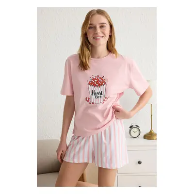 Trendyol Pink 100% Cotton Heart Striped Shorts Knitted Pajama Set