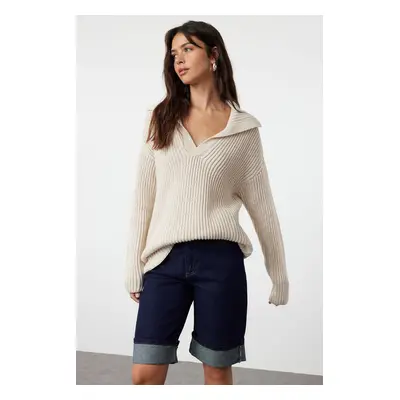 Trendyol Stone Basic Turn-down Collar Knitwear Sweater