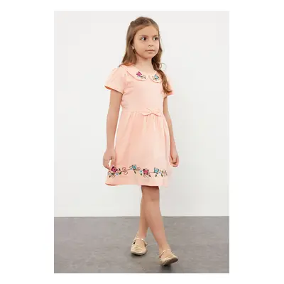 Trendyol Pink Girl's Baby Collar Floral Patterned Cotton Knit Dress