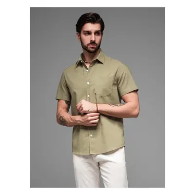 Ombre Men's short sleeve cotton and linen shirt with pocket - olive