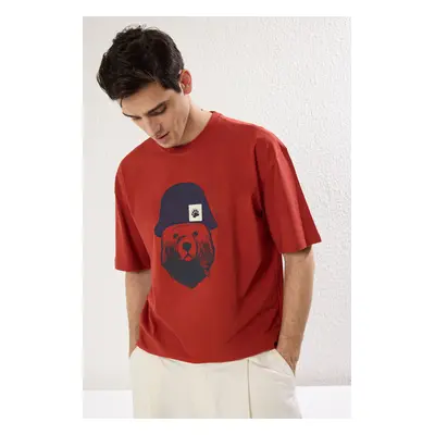 Trendyol Brick Oversize/Wide Cut Applique Hat Detail 100% Cotton Short Sleeve T-Shirt