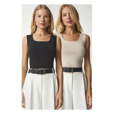 Happiness İstanbul Women's Cream Black Sleeveless 2-Pack Sandy Blouse