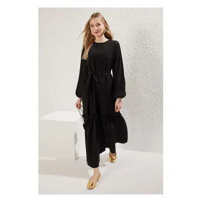 Trendyol Black Belted Unlined Plain Weave Crinkle Hijab Dress