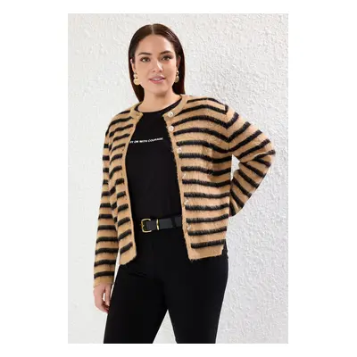 Trendyol Curve Camel Soft Texture Striped Knit Cardigan