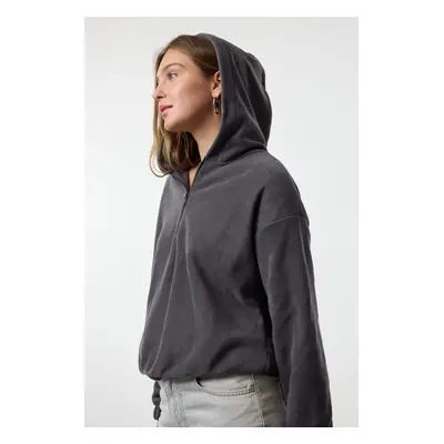 Trendyol Anthracite Hooded Regular/Normal Pattern Polar Fleece Zippered Collar Knitted Sweatshir