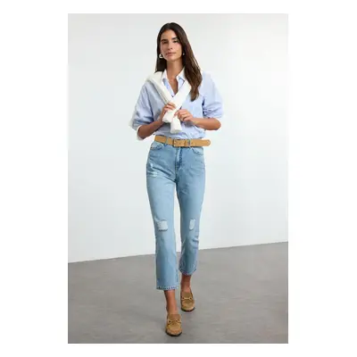 Trendyol Ice Blue Ripped Detail High Waist Straight Jeans