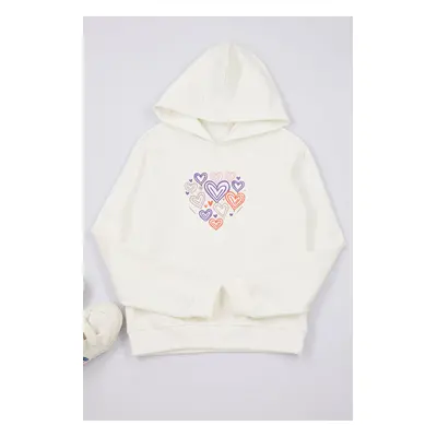 Trendyol Ecru Girl Heart Patterned Hooded Knitted Sweatshirt