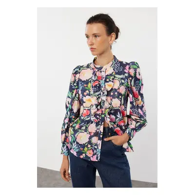 Trendyol Dark Blue Stand-Up Collar Ruffled Chiffon Floral Woven Shirt